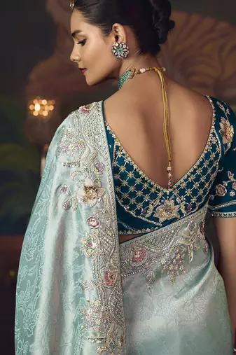 sky blue silk blend with heavy embroidery work wedding wear designer saree