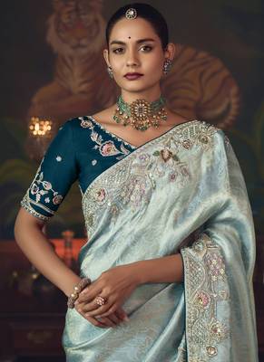 sky blue silk blend with heavy embroidery work wedding wear designer saree 5