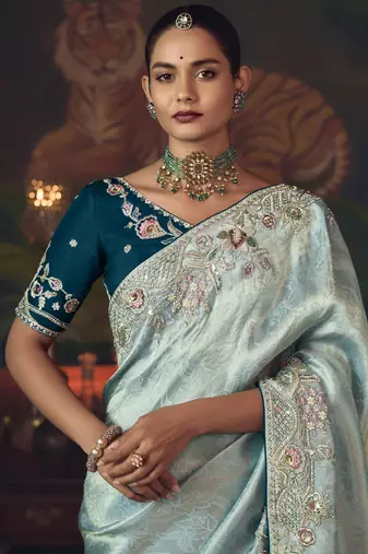 sky blue silk blend with heavy embroidery work wedding wear designer saree
