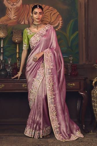baby pink silk blend with heavy embroidery work wedding wear designer saree