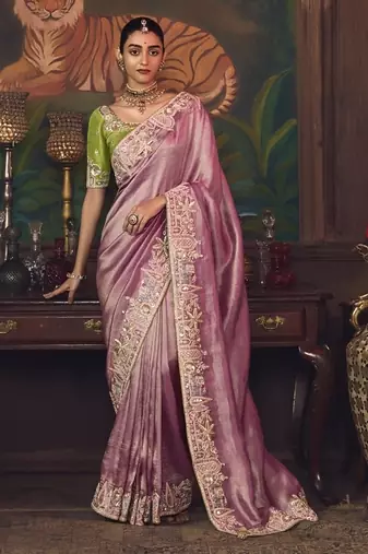 baby pink silk blend with heavy embroidery work wedding wear designer saree