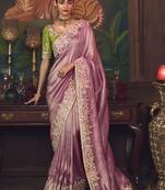 baby pink silk blend with heavy embroidery work wedding wear designer saree