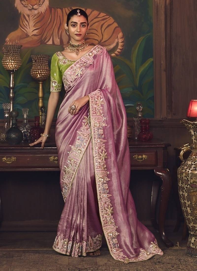 baby pink silk blend with heavy embroidery work wedding wear designer saree