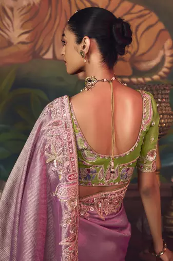 baby pink silk blend with heavy embroidery work wedding wear designer saree