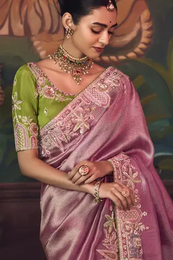 baby pink silk blend with heavy embroidery work wedding wear designer saree
