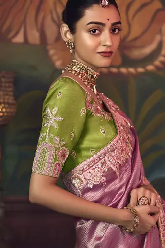baby pink silk blend with heavy embroidery work wedding wear designer saree