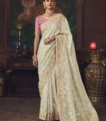 off white silk blend with heavy embroidery work wedding wear designer saree