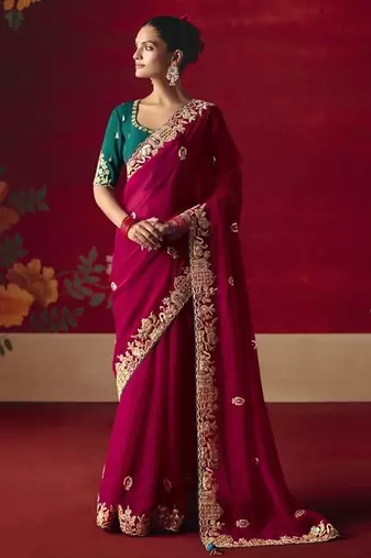 rani pink fancy saree with sequins dhaga & thread embroidered butti and designer blouse
