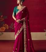 rani pink fancy saree with sequins dhaga & thread embroidered butti and designer blouse