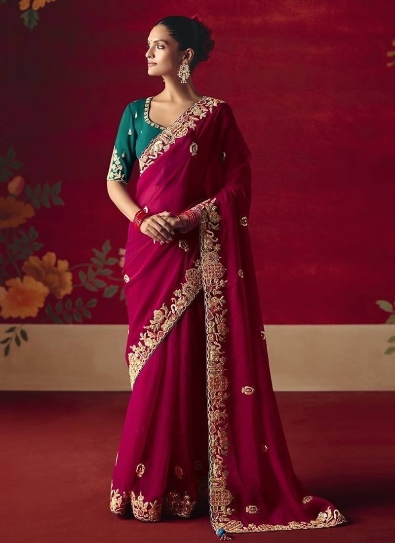 rani pink fancy saree with sequins dhaga & thread embroidered butti and designer blouse