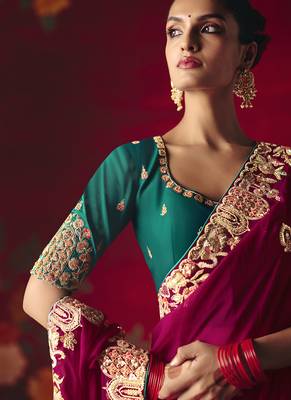 rani pink fancy saree with sequins dhaga & thread embroidered butti and designer blouse 2