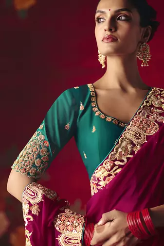 rani pink fancy saree with sequins dhaga & thread embroidered butti and designer blouse