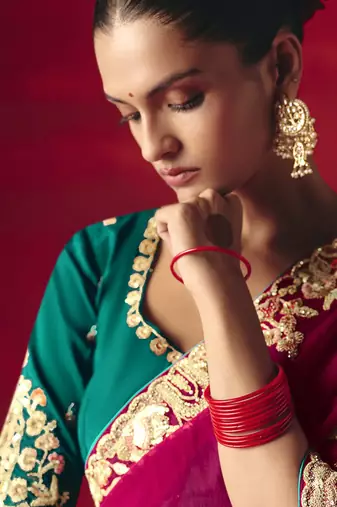 rani pink fancy saree with sequins dhaga & thread embroidered butti and designer blouse