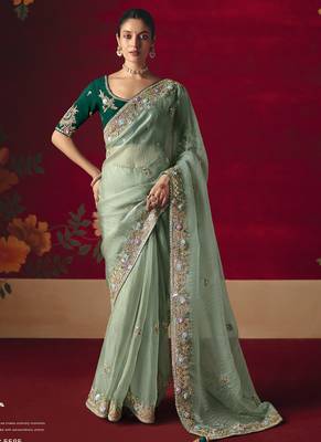 pista fancy saree with sequins dhaga & thread embroidered butti and designer blouse 1