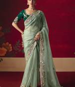 pista fancy saree with sequins dhaga & thread embroidered butti and designer blouse