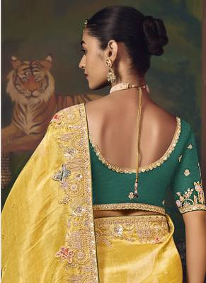 yellow silk blend with heavy embroidery work wedding wear designer saree 2