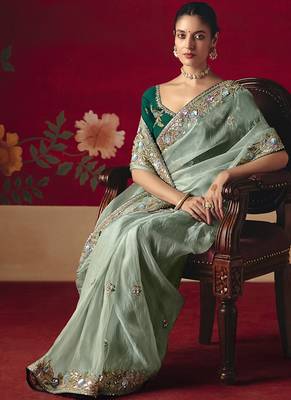 pista fancy saree with sequins dhaga & thread embroidered butti and designer blouse 2