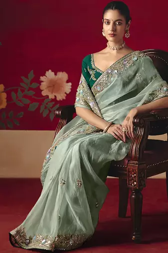 pista fancy saree with sequins dhaga & thread embroidered butti and designer blouse