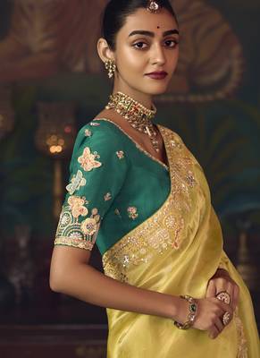 yellow silk blend with heavy embroidery work wedding wear designer saree 3