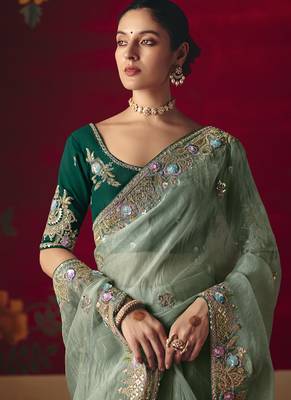 pista fancy saree with sequins dhaga & thread embroidered butti and designer blouse 3