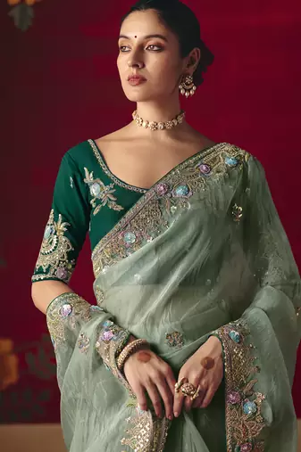 pista fancy saree with sequins dhaga & thread embroidered butti and designer blouse