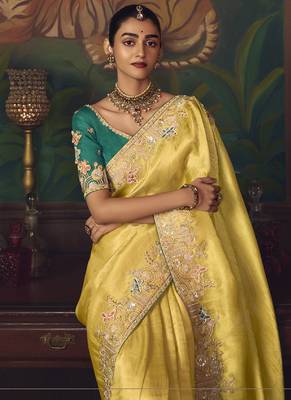 yellow silk blend with heavy embroidery work wedding wear designer saree 4