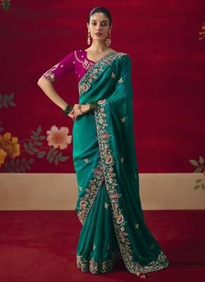 peacock green fancy saree with sequins dhaga & thread embroidered butti and designer blouse 1