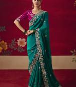peacock green fancy saree with sequins dhaga & thread embroidered butti and designer blouse
