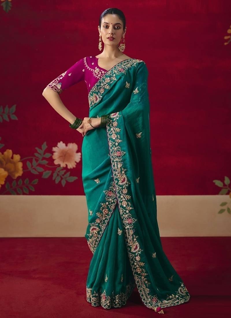 peacock green fancy saree with sequins dhaga & thread embroidered butti and designer blouse