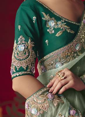 pista fancy saree with sequins dhaga & thread embroidered butti and designer blouse 4