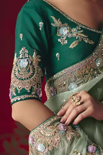 pista fancy saree with sequins dhaga & thread embroidered butti and designer blouse