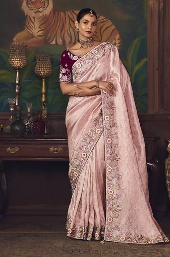 light baby pink silk blend with heavy embroidery work wedding wear designer saree