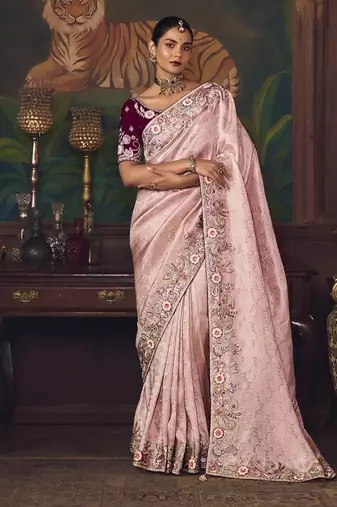 light baby pink silk blend with heavy embroidery work wedding wear designer saree