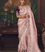 light baby pink silk blend with heavy embroidery work wedding wear designer saree