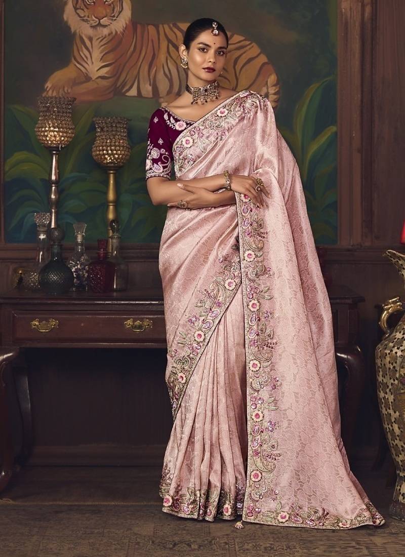 light baby pink silk blend with heavy embroidery work wedding wear designer saree