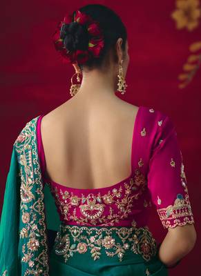 peacock green fancy saree with sequins dhaga & thread embroidered butti and designer blouse 2