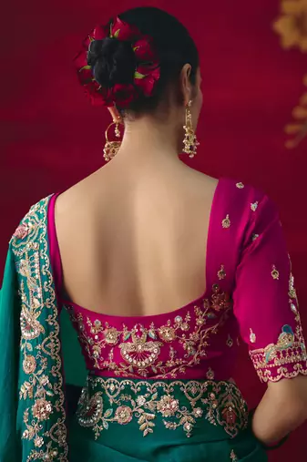 peacock green fancy saree with sequins dhaga & thread embroidered butti and designer blouse