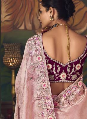 light baby pink silk blend with heavy embroidery work wedding wear designer saree 2
