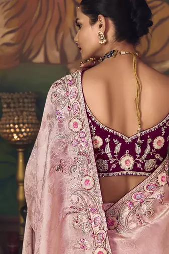 light baby pink silk blend with heavy embroidery work wedding wear designer saree