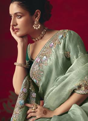 pista fancy saree with sequins dhaga & thread embroidered butti and designer blouse 5