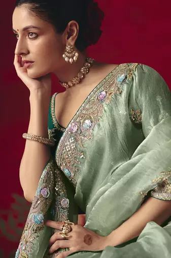 pista fancy saree with sequins dhaga & thread embroidered butti and designer blouse