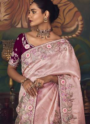 light baby pink silk blend with heavy embroidery work wedding wear designer saree 3