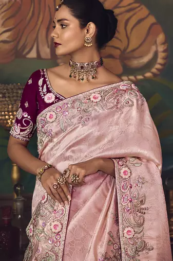 light baby pink silk blend with heavy embroidery work wedding wear designer saree
