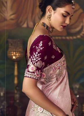 light baby pink silk blend with heavy embroidery work wedding wear designer saree 4