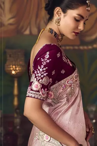 light baby pink silk blend with heavy embroidery work wedding wear designer saree