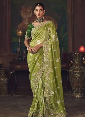 olive silk blend with heavy embroidery work wedding wear designer saree 1