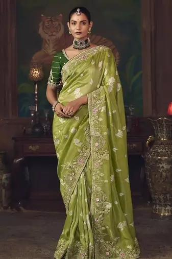 olive silk blend with heavy embroidery work wedding wear designer saree