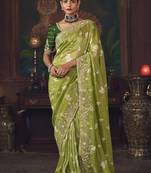 olive silk blend with heavy embroidery work wedding wear designer saree