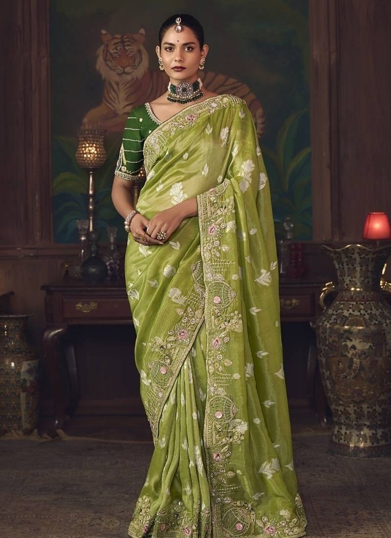 olive silk blend with heavy embroidery work wedding wear designer saree