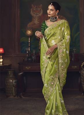 olive silk blend with heavy embroidery work wedding wear designer saree 2
